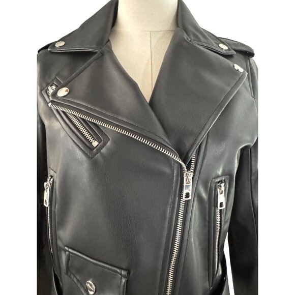 ZARA Small Black Faux Leather Belted Jacket Belted Waist & Zipper Pockets - Picture 4 of 15